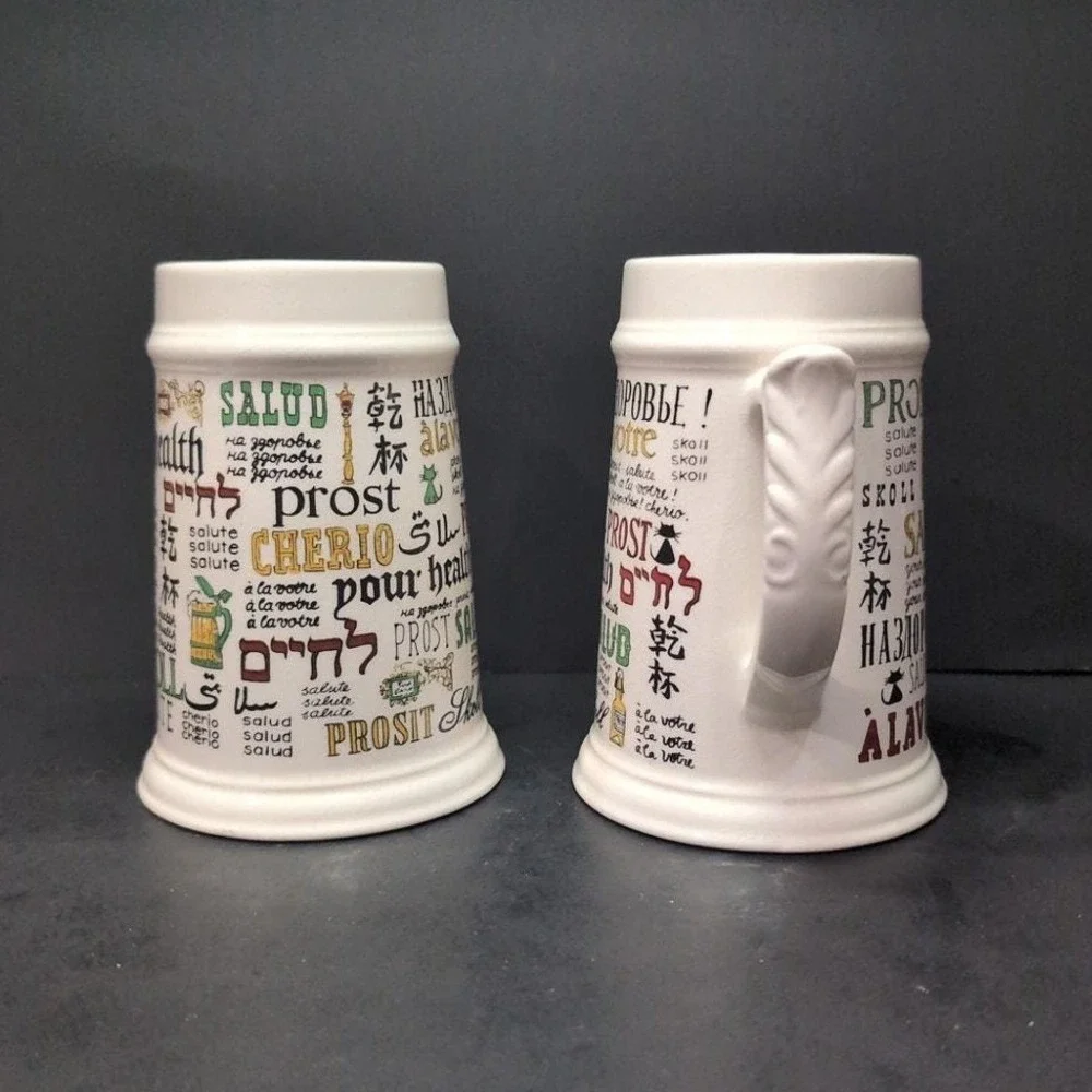 Cheers Around The World Ceramic Steins, Set of 2, Vintage Beer‎ Mugs, Barware